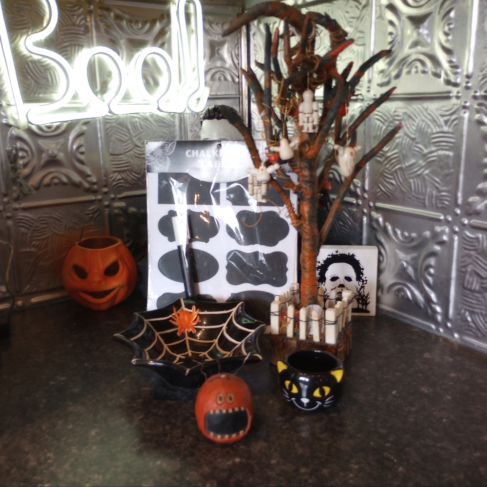 Halloween decor lot  ornament tree  spider web candy dish black cat chalk labels